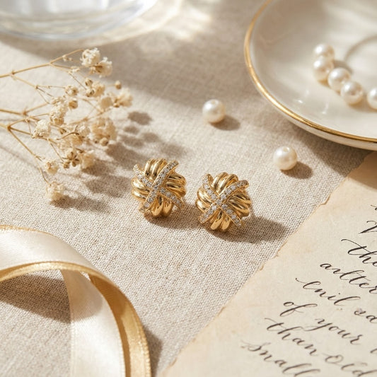 Zaraab Radiant Gold-Tone Crisscross Knot Stud Earrings with Crystal Accents