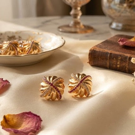 Zaraab Luxurious Gold-Tone Ribbed Stud Earrings with Ruby-Pink & Clear Crystal Accents