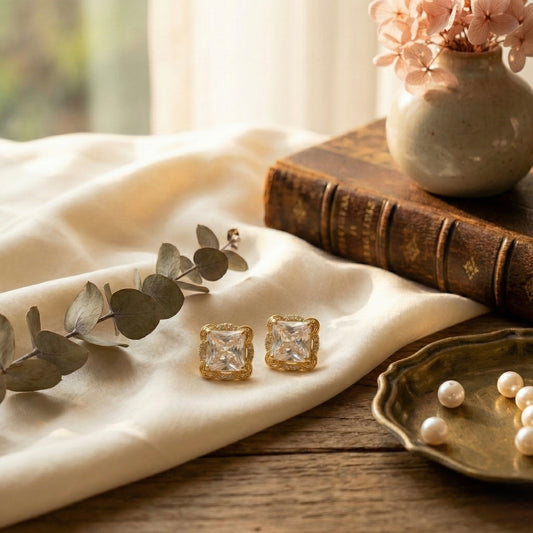 Zaraab Poet’s Square Studs – White Crystal