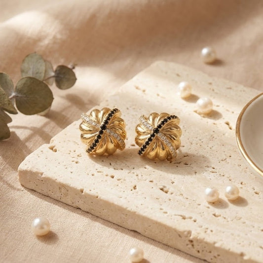 Elegant Gold-Plated Ribbed Button Stud Earrings