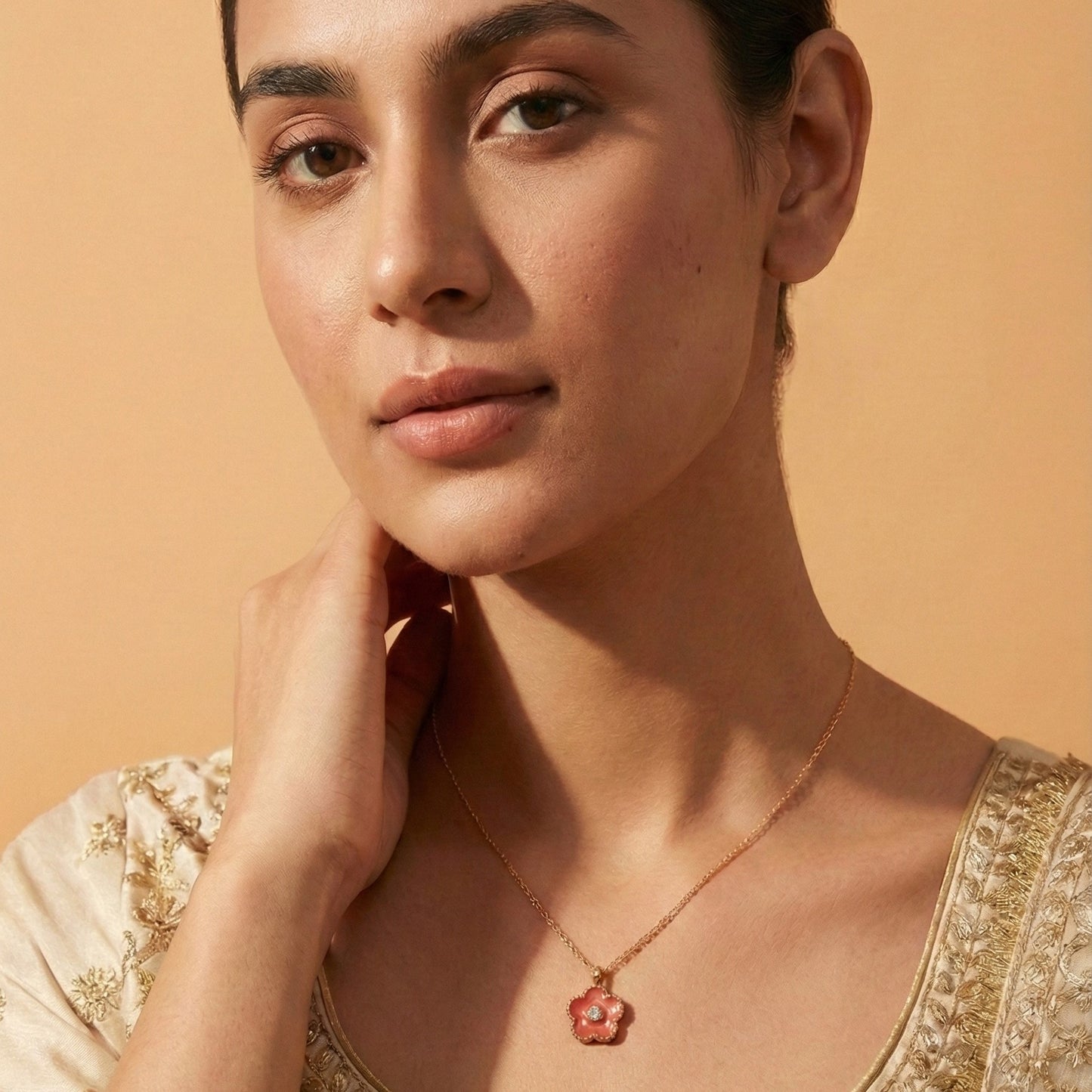 Zaraab Blossom Blush – Enamel Floral Pendant in Rose Gold