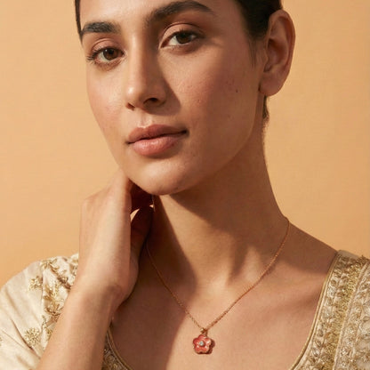 Zaraab Blossom Blush – Enamel Floral Pendant in Rose Gold