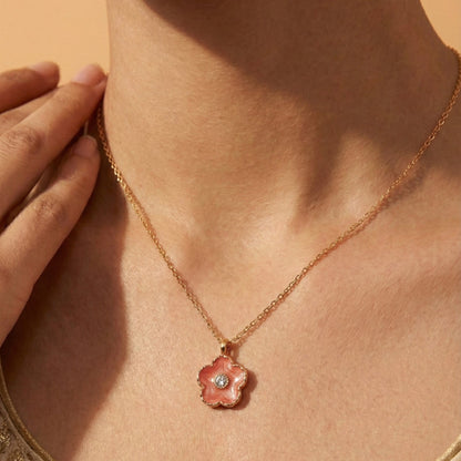 Zaraab Blossom Blush – Enamel Floral Pendant in Rose Gold