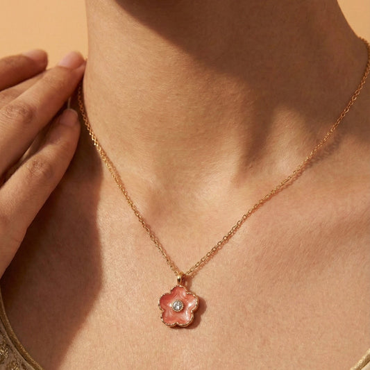 Zaraab Blossom Blush – Enamel Floral Pendant in Rose Gold