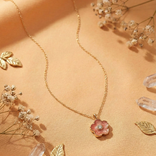 Zaraab Blossom Blush – Enamel Floral Pendant in Rose Gold