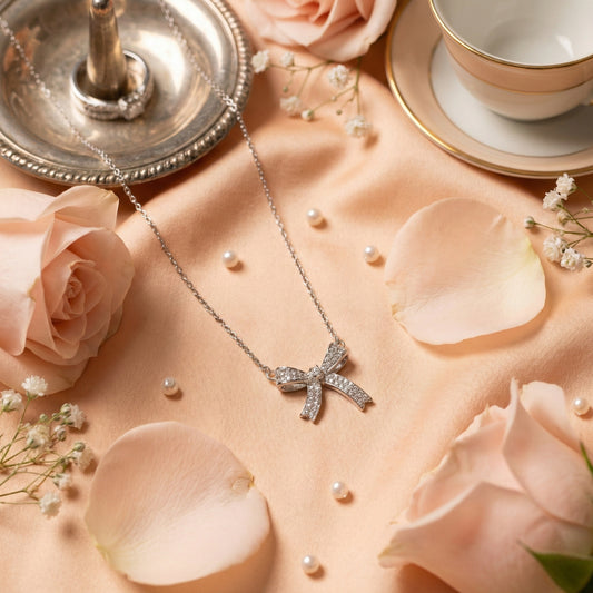Zaraab Silver Crystal Bow Necklace