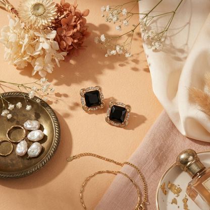 Zaraab Midnight Geo Studs – Black & Gold Art Deco Earrings