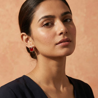 Zaraab Square Ruby Red Crystal Earrings