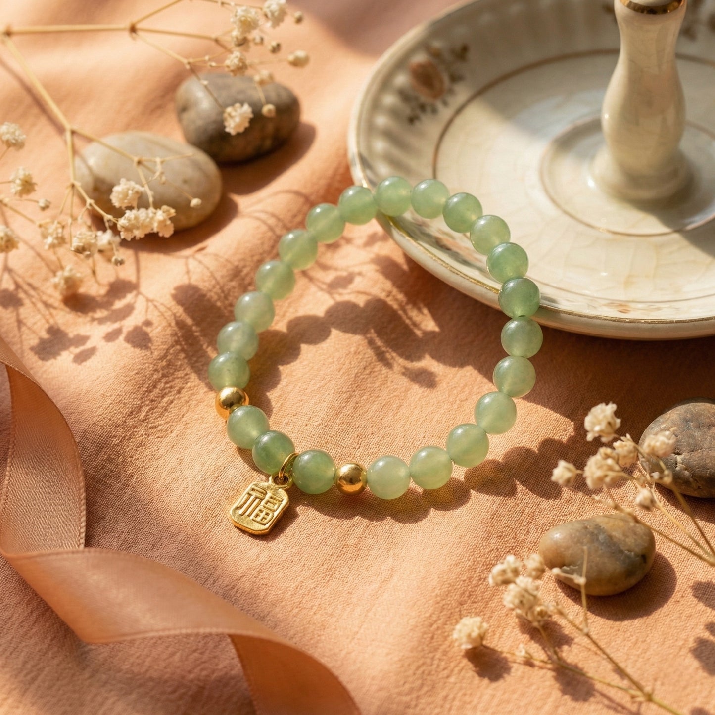 Sage Green Beaded Bracelet with Gold Charm
