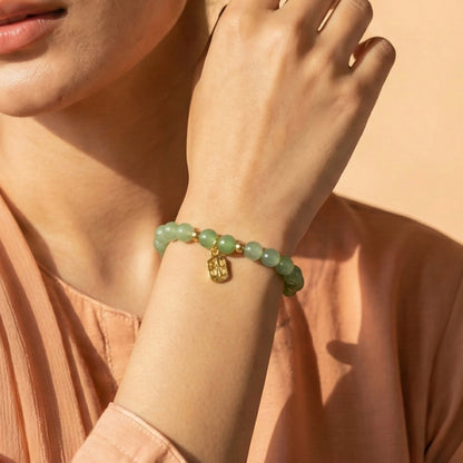 Sage Green Beaded Bracelet with Gold Charm