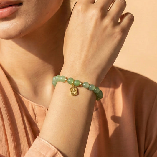 Sage Green Beaded Bracelet with Gold Charm