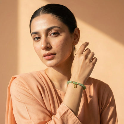 Sage Green Beaded Bracelet with Gold Charm